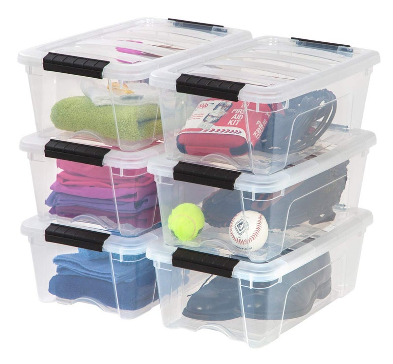 IRIS USA 13 Qt Stackable Plastic Storage Bins with Lids, 6 Pack - BPA-Free, Made in USA - See-Through Organizing Solution, Latches, Durable Nestable Containers, Secure Pull Handle - Clear - Image 1