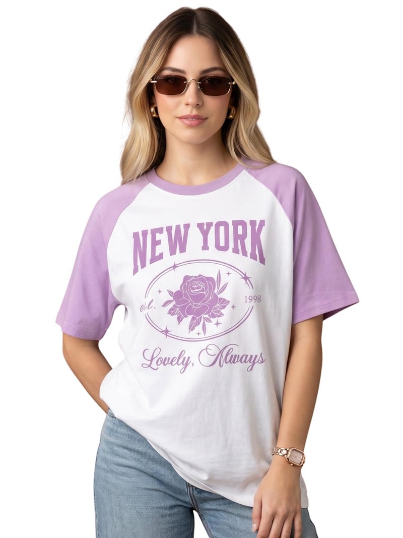 JUNEBERRY® 100% Pure Cotton Oversized Baggy Fit Round Neck T-Shirt for Women & Girls (Sizes: S to 2XL) (OS_JB_NWYRK11_LC_WT_XXL) - Image 1