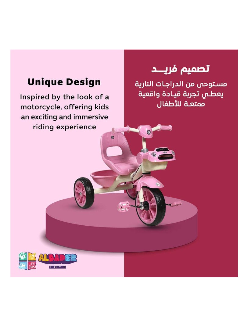 AL BADER Kids 3 Wheel Tricycle with music and sound effects, car-style ride on bike for toddlers, three wheel trike with backrest seat, rear basket, non-slip wheels for safe indoor & outdoor fun - Pink - Image 3