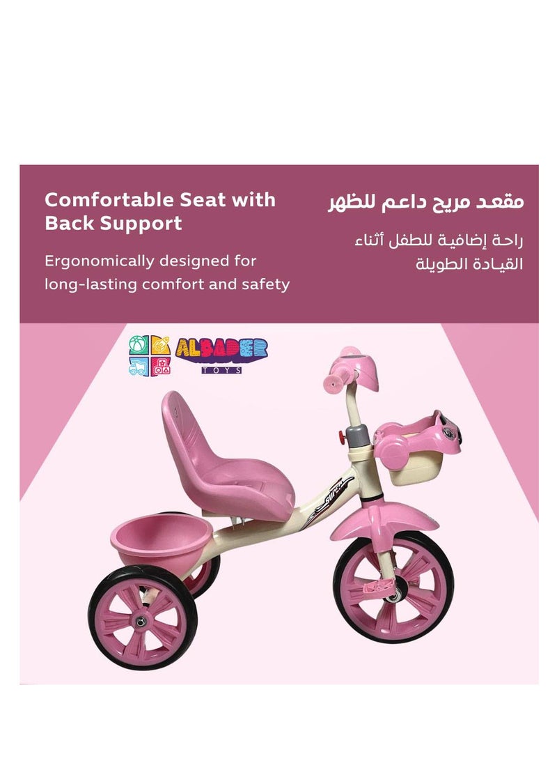 AL BADER Kids 3 Wheel Tricycle with music and sound effects, car-style ride on bike for toddlers, three wheel trike with backrest seat, rear basket, non-slip wheels for safe indoor & outdoor fun - Pink - Image 5