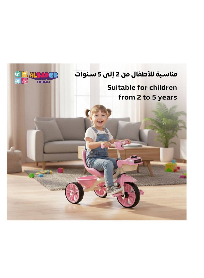 AL BADER Kids 3 Wheel Tricycle with music and sound effects, car-style ride on bike for toddlers, three wheel trike with backrest seat, rear basket, non-slip wheels for safe indoor & outdoor fun - Pink - Image 4