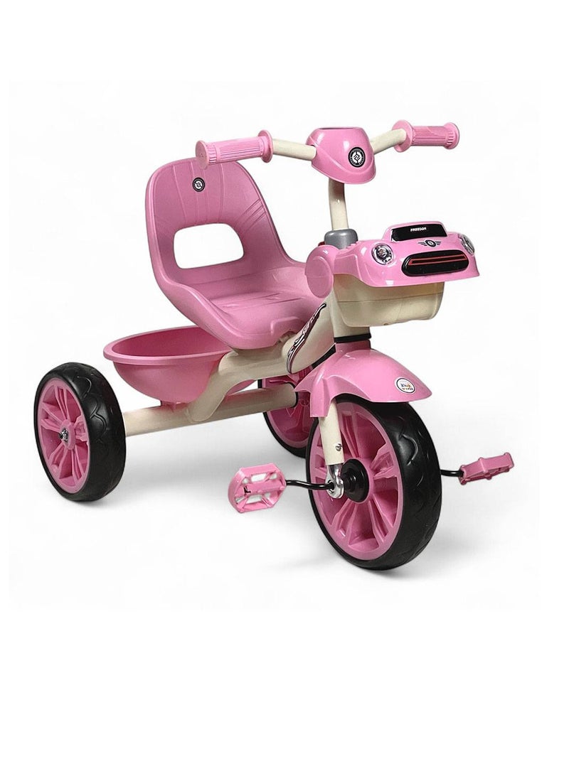 AL BADER Kids 3 Wheel Tricycle with music and sound effects, car-style ride on bike for toddlers, three wheel trike with backrest seat, rear basket, non-slip wheels for safe indoor & outdoor fun - Pink - Image 1