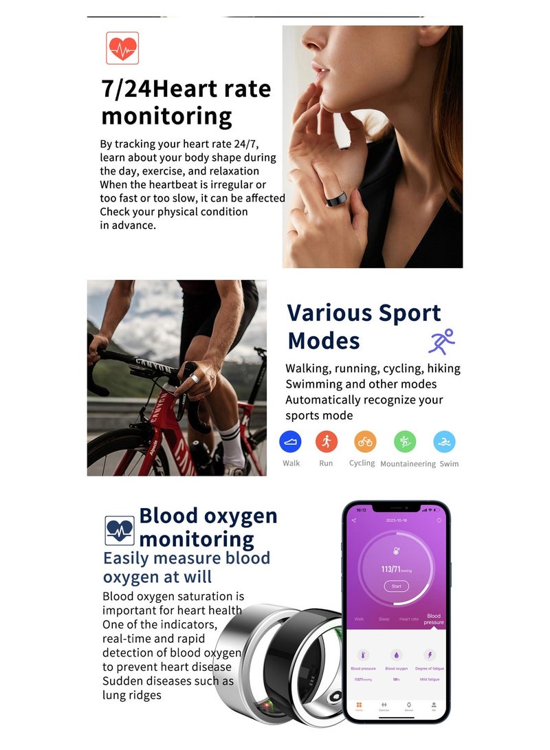 Smart ring, pedometer, calorie counter, sleep monitoring, pulse meter, oxygen in the blood, moisture-proof, long-term operation, suitable for iOS and Android