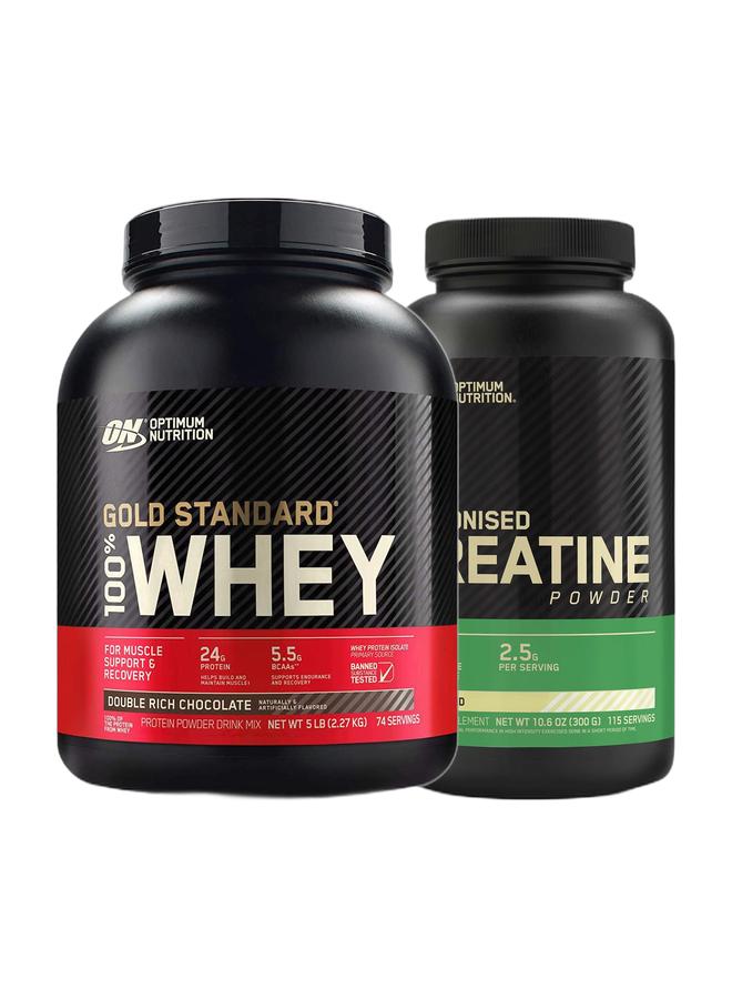 Optimum Nutrition عرض حزمة حصرية - مسحوق بروتين مصل اللبن 100% معيار الذهب 5 أرطال بنكهة الشوكولاتة الغنية المزدوجة ومسحوق الكرياتين المجهرية بدون نكهة 300 جرام 115 حصة - Image 1