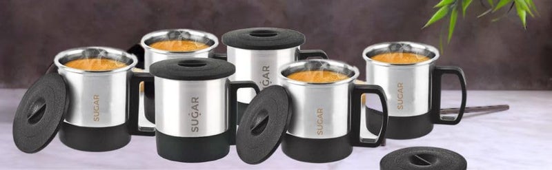 SUGAR Homeware Stainless Steel Double Wall Tea Coffee Cups and Mugs Espresso 180ml Set of 6 Black - Image 1