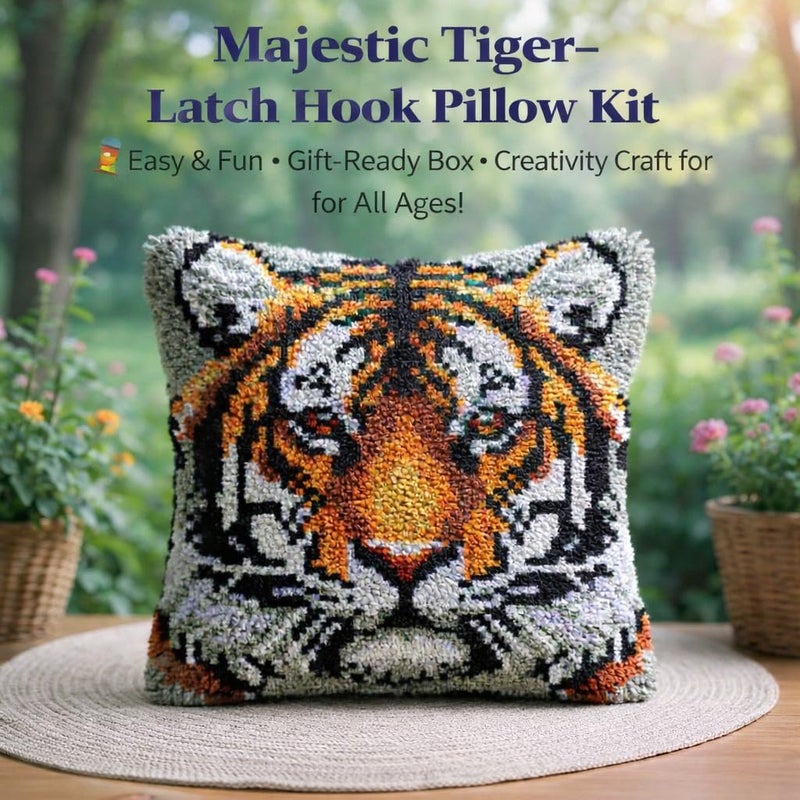 veirousa Tiger Latch Hook Kits for Adults Beginners, Animal Latch Hook Pillow Kit Pre-Printed Latch Hook Rug Kits Craft Cushion Set for Home Sofa Decoration 17x17 in. Handmade Gift - Image 4