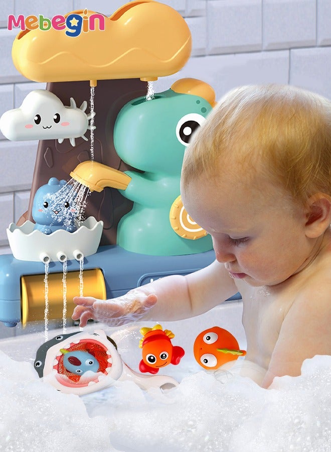 ميبيجين مجموعة ألعاب استحمام مكونة من 5 قطع، مجموعة شلال ديناصور ممتع، شبكة صيد سمك القرش مع 3 قطع من أسماك السيليكون، لعبة حوض استحمام للأطفال بتصميم فريد، ألعاب استحمام الشلال، ألعاب مبتكرة مصاحبة لحمام الطفل - Image 2