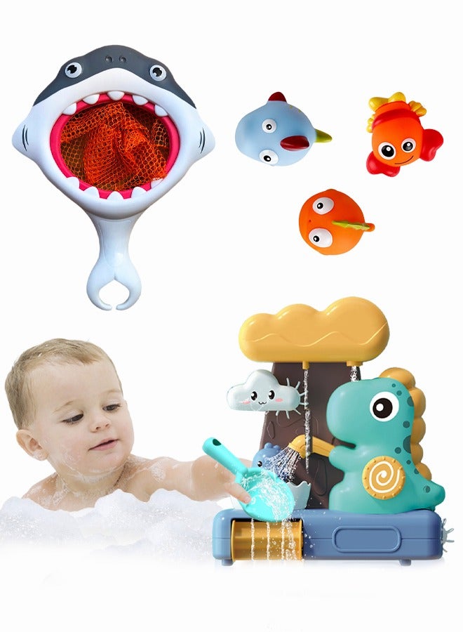 ميبيجين مجموعة ألعاب استحمام مكونة من 5 قطع، مجموعة شلال ديناصور ممتع، شبكة صيد سمك القرش مع 3 قطع من أسماك السيليكون، لعبة حوض استحمام للأطفال بتصميم فريد، ألعاب استحمام الشلال، ألعاب مبتكرة مصاحبة لحمام الطفل - Image 4