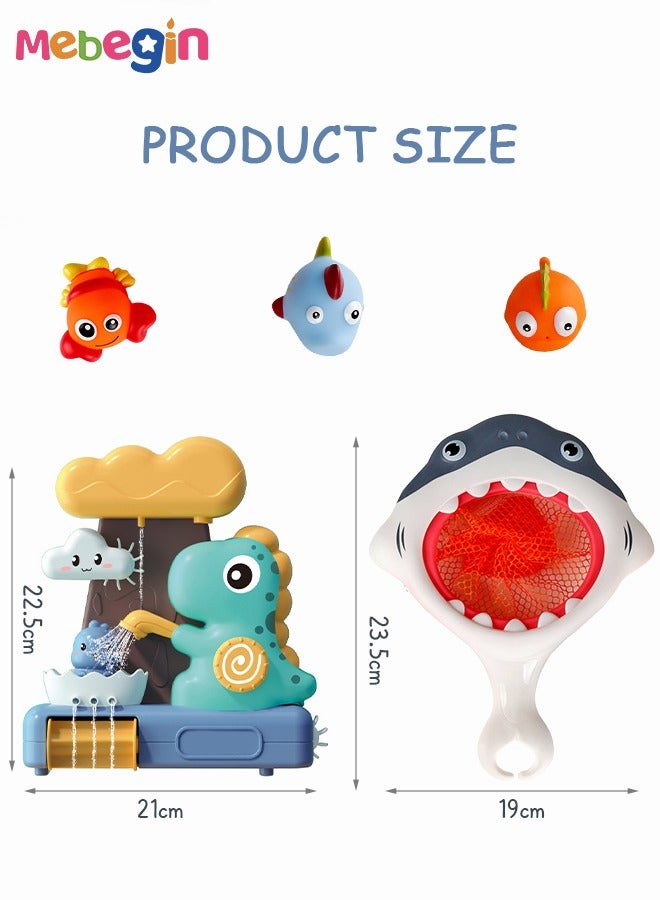 ميبيجين مجموعة ألعاب استحمام مكونة من 5 قطع، مجموعة شلال ديناصور ممتع، شبكة صيد سمك القرش مع 3 قطع من أسماك السيليكون، لعبة حوض استحمام للأطفال بتصميم فريد، ألعاب استحمام الشلال، ألعاب مبتكرة مصاحبة لحمام الطفل - Image 3