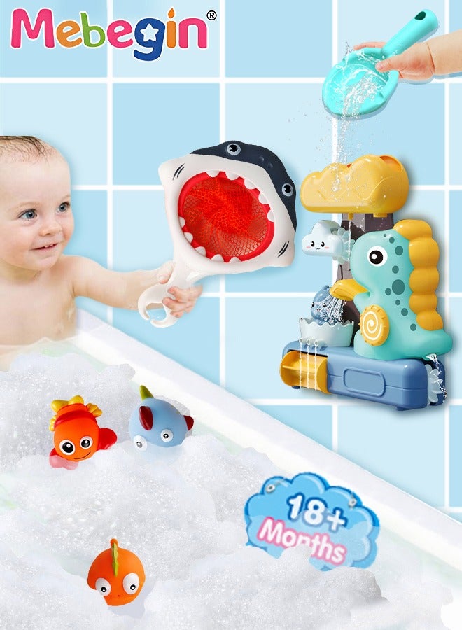 ميبيجين مجموعة ألعاب استحمام مكونة من 5 قطع، مجموعة شلال ديناصور ممتع، شبكة صيد سمك القرش مع 3 قطع من أسماك السيليكون، لعبة حوض استحمام للأطفال بتصميم فريد، ألعاب استحمام الشلال، ألعاب مبتكرة مصاحبة لحمام الطفل - Image 1