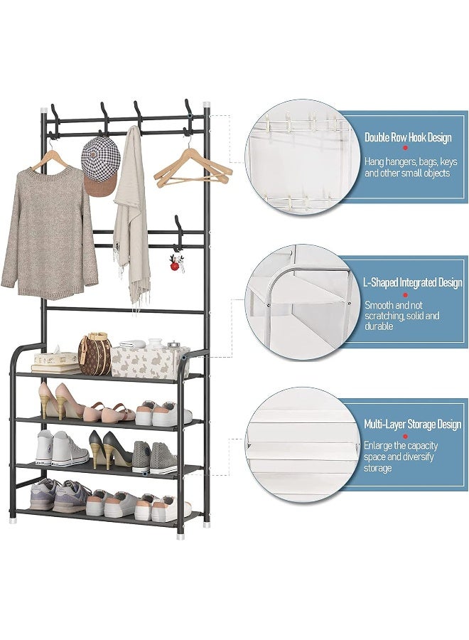 U-HOOME Entryway Coat Rack, U-HOOME 3-in-1 Hall Tree Shoe Bench with Coat Hat Umbrella Rack, Storage Shelves with 8 Hooks, Multifunctional Hallway Organizer (Black) - Image 3