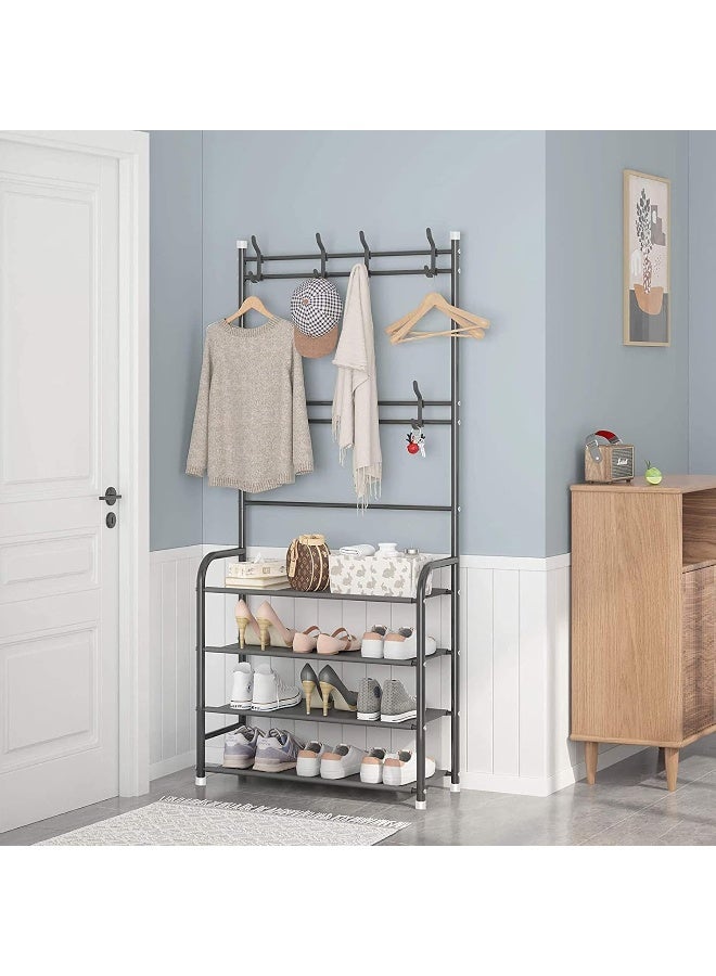 U-HOOME Entryway Coat Rack, U-HOOME 3-in-1 Hall Tree Shoe Bench with Coat Hat Umbrella Rack, Storage Shelves with 8 Hooks, Multifunctional Hallway Organizer (Black) - Image 5