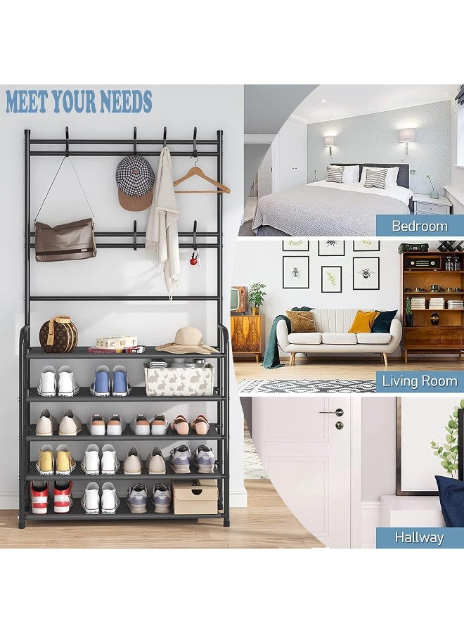 U-HOOME Entryway Coat Rack, U-HOOME 3-in-1 Hall Tree Shoe Bench with Coat Hat Umbrella Rack, Storage Shelves with 8 Hooks, Multifunctional Hallway Organizer (Black) - Image 4