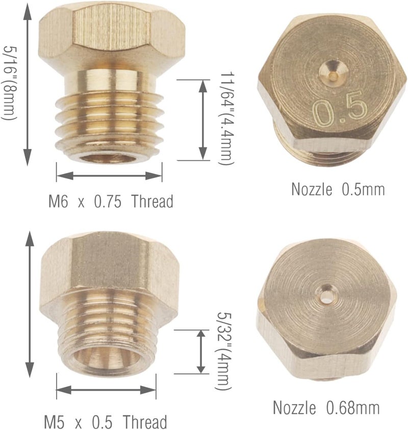 Timsec 20Pcs Brass Jet Nozzles, M6 x 0.75mm and M5 x 0.5mm Thread, 0.5mm and 0.68mm Nozzle Hole, DIY Burner Parts for Range, Stove, Oven Conversion Kit, Propane LPG Natural Gas Pipe Water Heater - Image 2
