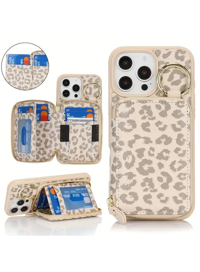 محفظة هاتف بيجية بتصميم نمر لهاتف آيفون 16 برو ماكس تحتوي على فتحة بطاقات وسحاب وحلقة حامل - Image 1