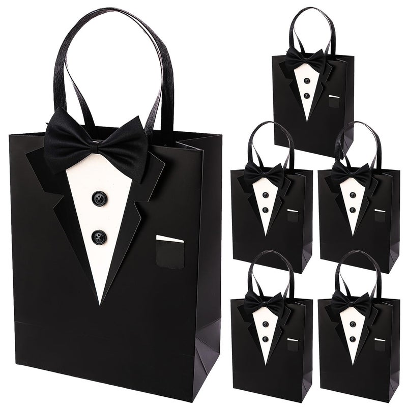 Crisky 6 Pack Classic Black 3D Tuxedo Gift Bags Real Bow Tie, Buttons for Groomsman Father's Birthday Anniversary Wedding Favor 10" x8" x4" - Image 1