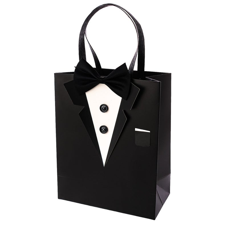 Crisky 6 Pack Classic Black 3D Tuxedo Gift Bags Real Bow Tie, Buttons for Groomsman Father's Birthday Anniversary Wedding Favor 10" x8" x4" - Image 5