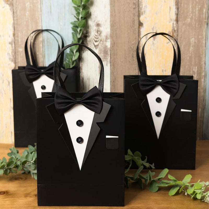 Crisky 6 Pack Classic Black 3D Tuxedo Gift Bags Real Bow Tie, Buttons for Groomsman Father's Birthday Anniversary Wedding Favor 10" x8" x4" - Image 2