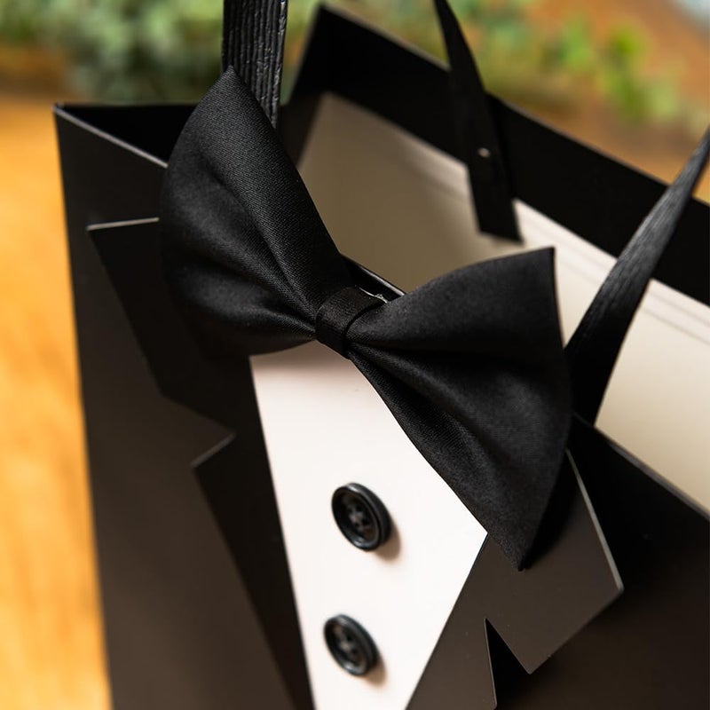 Crisky 6 Pack Classic Black 3D Tuxedo Gift Bags Real Bow Tie, Buttons for Groomsman Father's Birthday Anniversary Wedding Favor 10" x8" x4" - Image 4