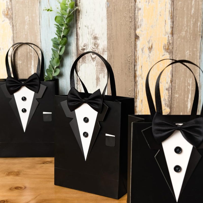 Crisky 6 Pack Classic Black 3D Tuxedo Gift Bags Real Bow Tie, Buttons for Groomsman Father's Birthday Anniversary Wedding Favor 10" x8" x4" - Image 3