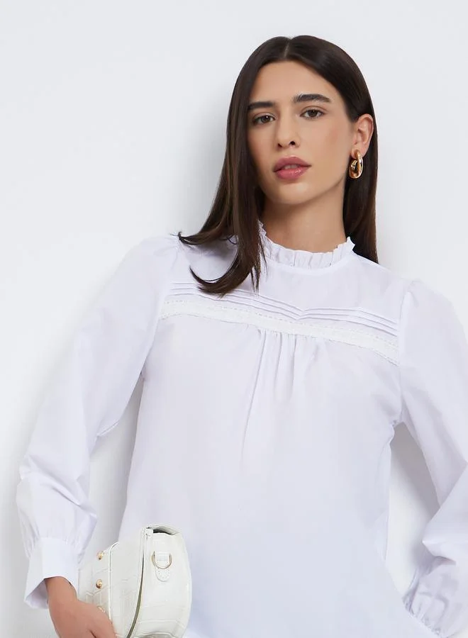 Take Two Take Two White Long Sleeve Ruffle Neck Top