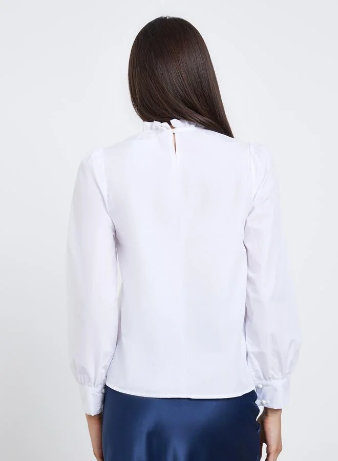 Take Two Take Two White Long Sleeve Ruffle Neck Top