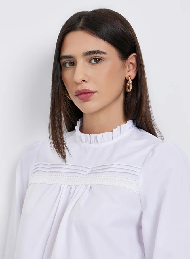 Take Two Take Two White Long Sleeve Ruffle Neck Top