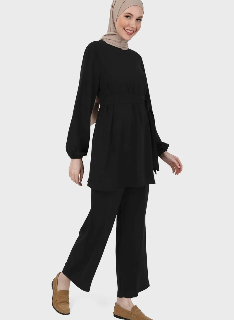 Refka by modanisa Puff Sleeve Tiered Top & Pants Set