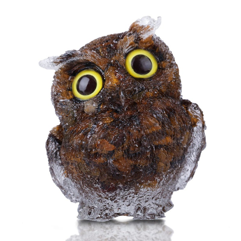 Reyife HandCarved Natural Crystal Owl Statue Reiki Healing Gemstone Animal Figurines Home Office Car Decoration The Best Gifts 24 inches Tiger Eyes Stone