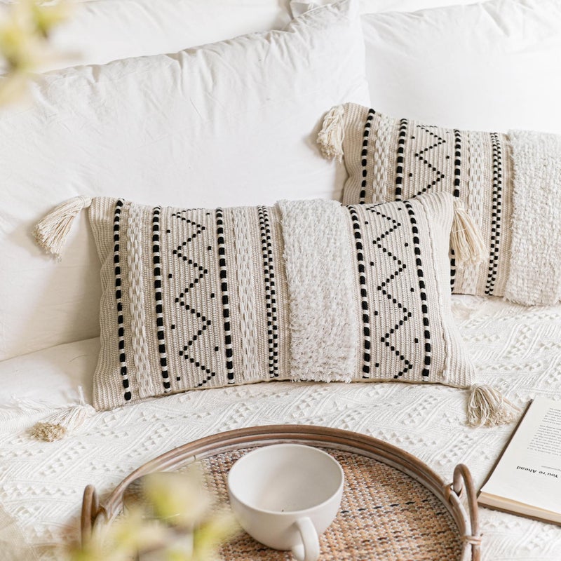 BlissBlush Decorative Lumbar Throw Pillow Cover 12x20 Combo Set of 2 Rectangular Boho Accent Pillowcase Black Neutral Farmhouse Cushion for Couch Sofa Bedroom Living Home Dcor Cover ONLY