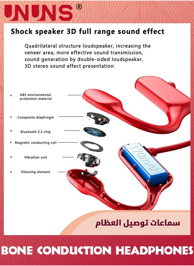 UNUNS Bone Conduction Headphones,Wireless Open-Ear Bluetooth 5.2 Bone Conduction Sports Headphones,Waterproof Wireless Headsets For Sports Running Walking,Lightweight Open Earburs Headsets,Red  - Image 4