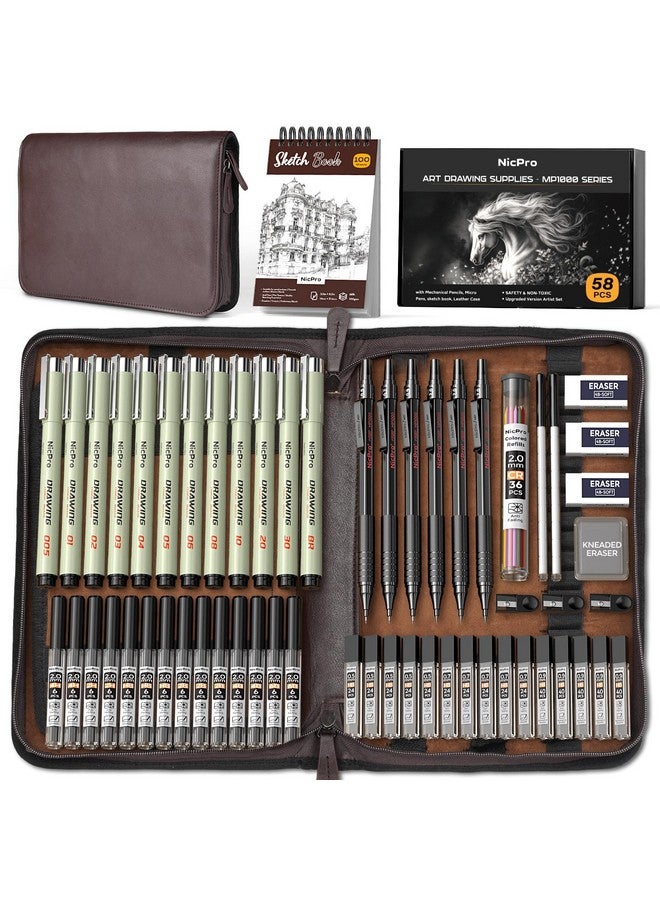 Nicpro 58Pcs Art Drawing Supplies Kit In Leather Case, Mp1000 Black Metal Mechanical Pencil Set With Drafting Pencil 0.5, 0.7, 0.9 & 2Mm, 12 Micron Pen, Sketch Book, 30 Tube Lead Refills For Sketching - Image 1