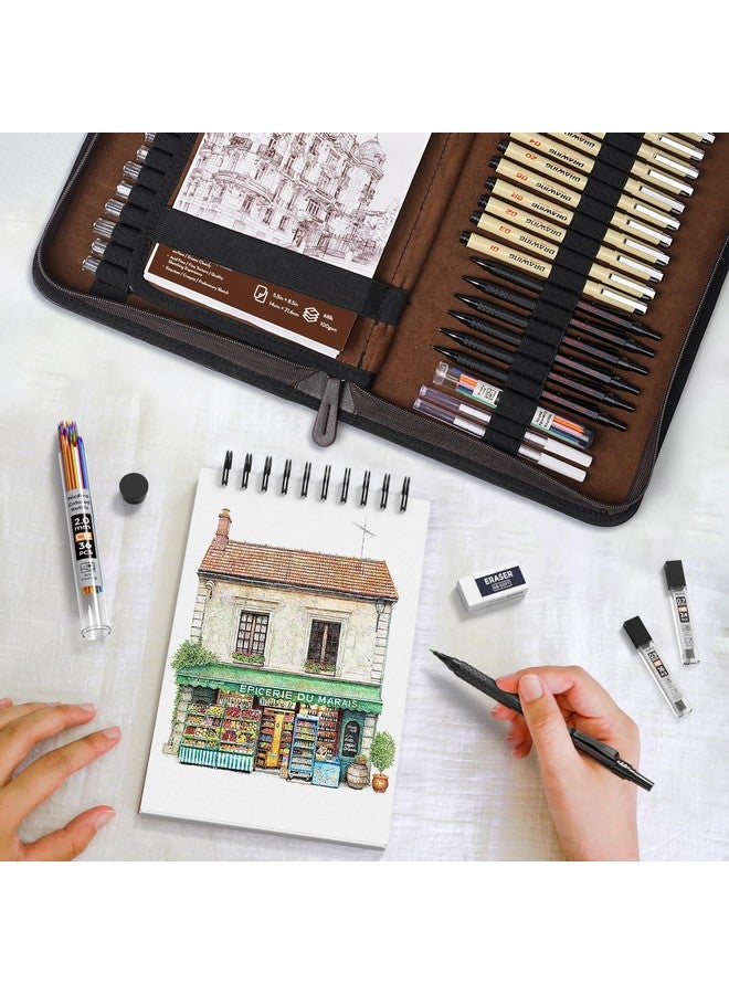 Nicpro 58Pcs Art Drawing Supplies Kit In Leather Case, Mp1000 Black Metal Mechanical Pencil Set With Drafting Pencil 0.5, 0.7, 0.9 & 2Mm, 12 Micron Pen, Sketch Book, 30 Tube Lead Refills For Sketching - Image 4