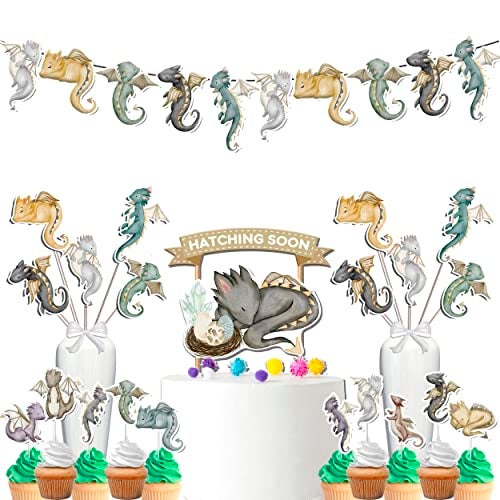 PC Dragon Baby Shower Decorations Set with Banner Cupcake Toppers Cake Topper and Centerpieces Fantasy Birthday Party Supplies Hatching Soon Theme - Image 1