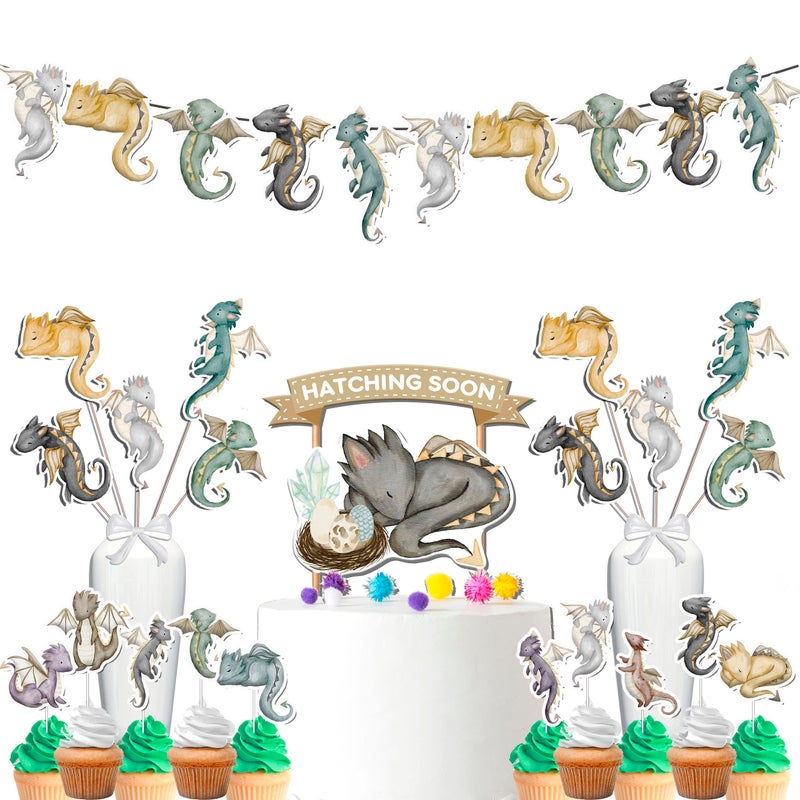 PC Dragon Baby Shower Decorations Set with Banner Cupcake Toppers Cake Topper and Centerpieces Fantasy Birthday Party Supplies Hatching Soon Theme - Image 2