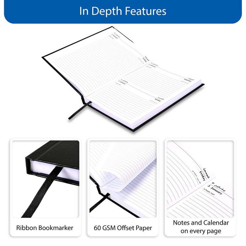 FIS مفكرة FIS 2026، حجم A5 148x210 مم، غلاف فينيل مبطن من جهة واحدة، يوم واحد في الصفحة مع دمج السبت والأحد، عربي/إنجليزي، ورق أبيض 60 جرام، غلاف أسود - FSDI92AEN26BK - Image 5