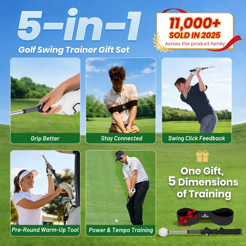 FODESAN Retractable Golf Swing Trainer, Training Aid with Grip Trainer, Swing Mechanics for Beginners & Tempo Training for Advanced, Click Feedback, Arm Connection, Right-Handed, Indoor/Outdoor - Image 2