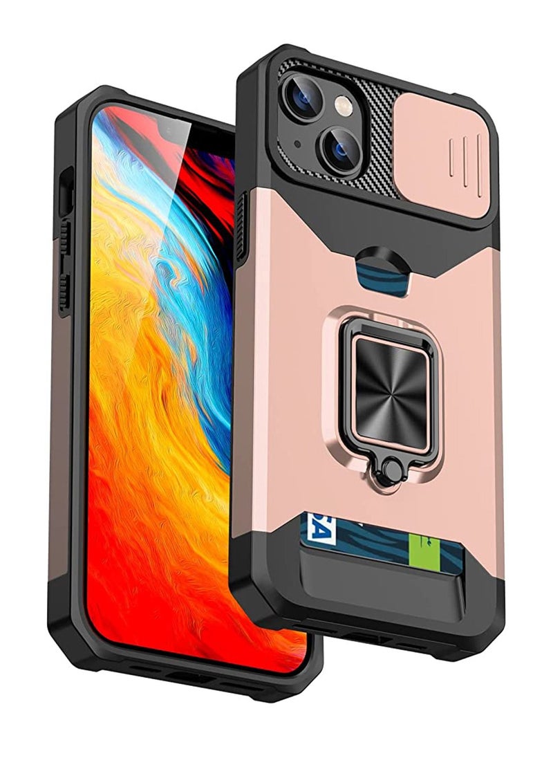 iPhone 14 Plus Case Cover 6.7 inch with Slide Camera Protection Card Holder Hard Ring Stand Hybrid Kickstand Cell Accessories iPhone 14+ iPhone 14Plus Women Rose Gold  - Image 1