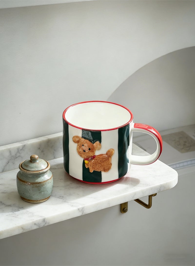 Haidue Cute Embossed Puppy Mug  Dark Green and White striped Striped Healing Breakfast Cup - Image 5