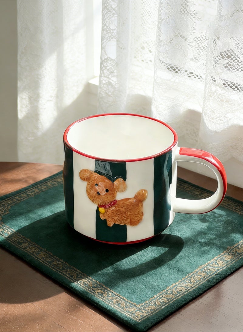 Haidue Cute Embossed Puppy Mug  Dark Green and White striped Striped Healing Breakfast Cup - Image 3
