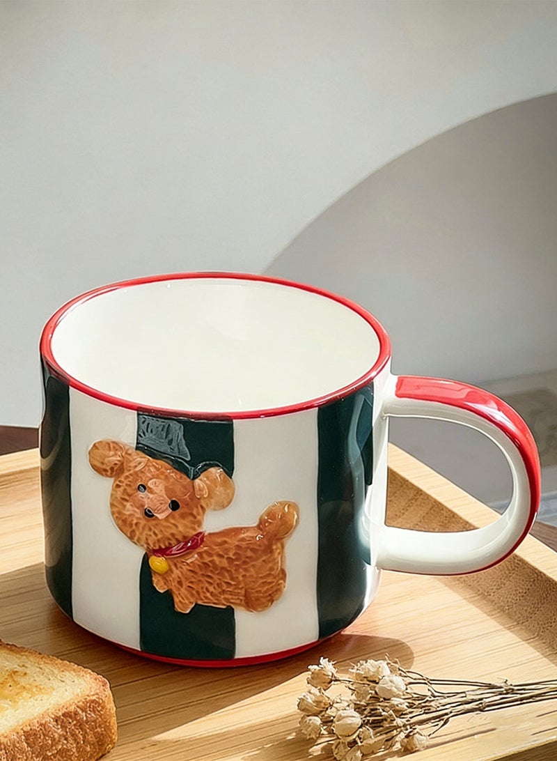 Haidue Cute Embossed Puppy Mug  Dark Green and White striped Striped Healing Breakfast Cup - Image 2