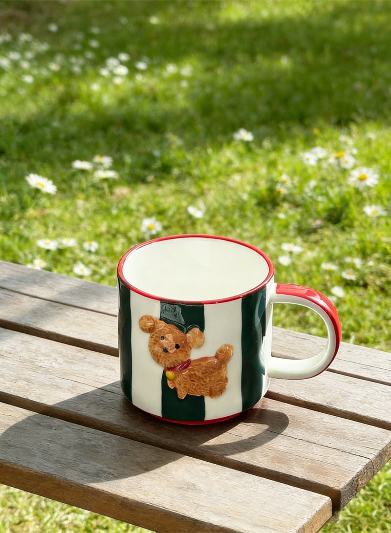 Haidue Cute Embossed Puppy Mug  Dark Green and White striped Striped Healing Breakfast Cup - Image 4