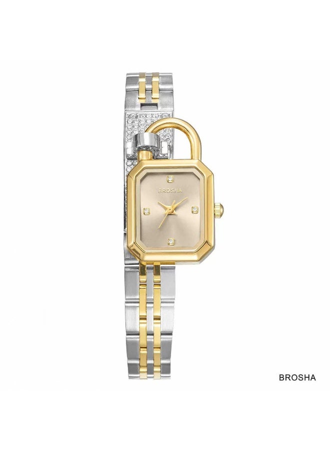 A women's wristwatch from the Brosha brand with a unique lock-shaped design.