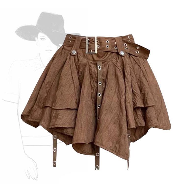 American Retro Western Denim Style Belt Skirt Irregular Pleated Ribbon Skirt Girl - Image 3