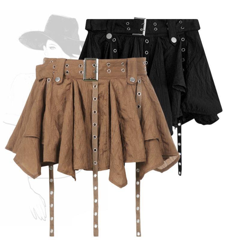 American Retro Western Denim Style Belt Skirt Irregular Pleated Ribbon Skirt Girl - Image 2