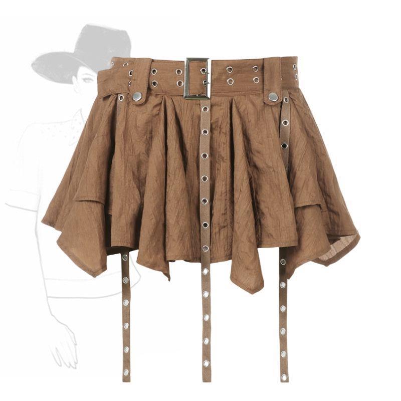 American Retro Western Denim Style Belt Skirt Irregular Pleated Ribbon Skirt Girl - Image 5