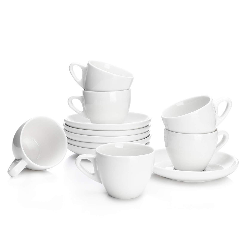 Sweese 402.001 Espresso Cups with Saucers, 4 Ounce Demitasse Cups, Perfect for Single or Double Espresso, Cappuccino, Latte and Tea - Set of 6, White - Image 1