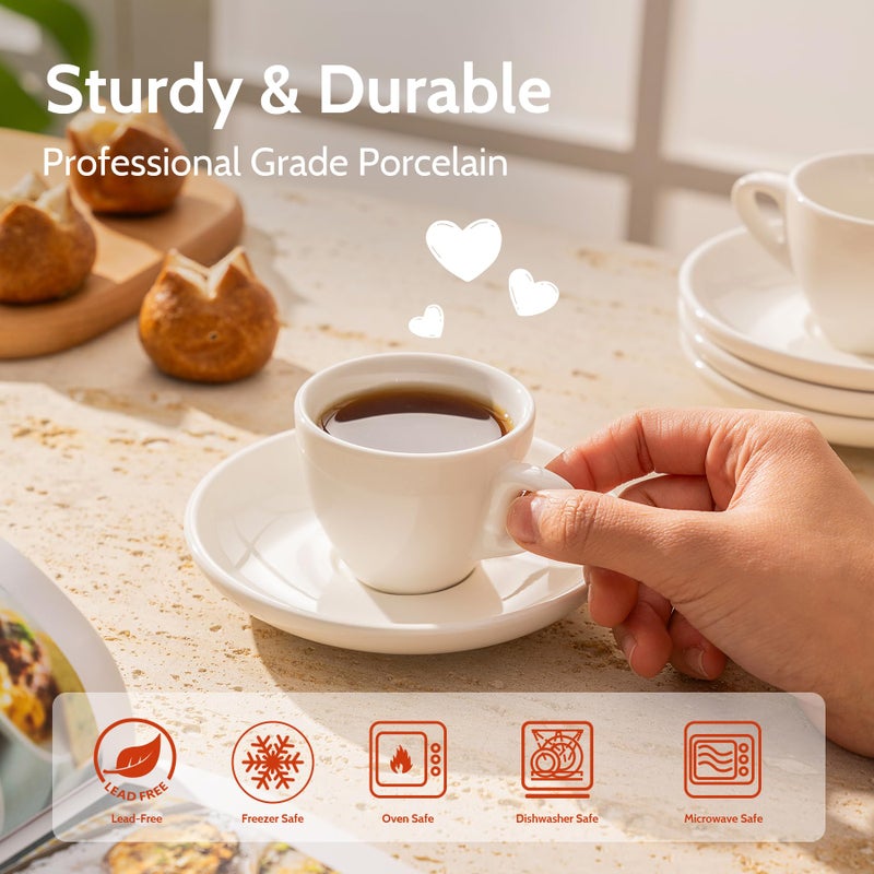 Sweese 402.001 Espresso Cups with Saucers, 4 Ounce Demitasse Cups, Perfect for Single or Double Espresso, Cappuccino, Latte and Tea - Set of 6, White - Image 4