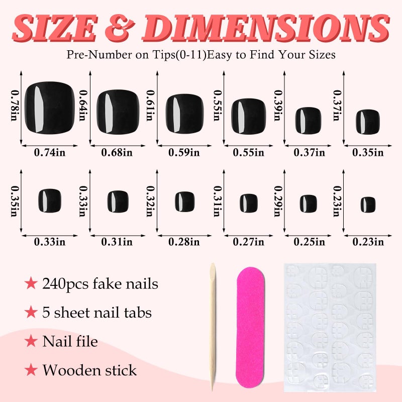 LuckForever 168pc Press on Toenails Women Fake Toe Nails with Glue Tabs, Black Fake Toenails Press on Nails Short Square Acrylic Toe Nail Tips False Toenails Feet Artificial Toe Nails Press ons - Image 2