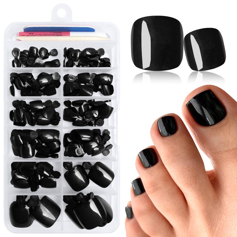 LuckForever 168pc Press on Toenails Women Fake Toe Nails with Glue Tabs, Black Fake Toenails Press on Nails Short Square Acrylic Toe Nail Tips False Toenails Feet Artificial Toe Nails Press ons - Image 1